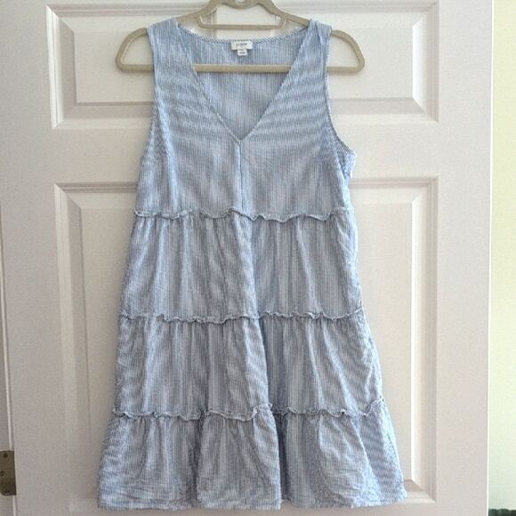 J.Crew Blue Striped Cotton Seersucker Ruffle Mini Dress Size 8 - Picture 12 of 12